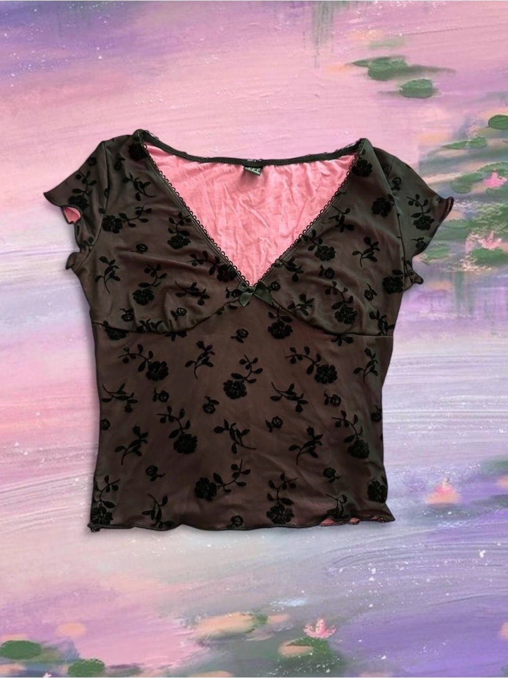SHEIN Black Velvet Burnout V-Neck Crop Top with Pink Lining